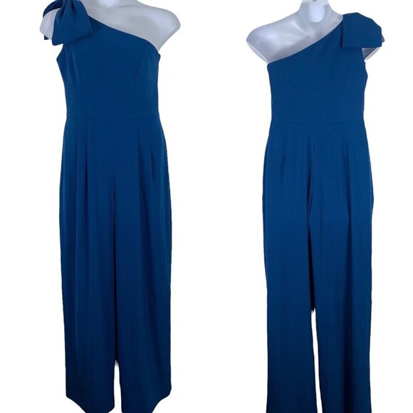 Gal Meets Glam Size 8 Jumpsuit Royal Blue One Shoulder Strap Wide Leg Bow Accent